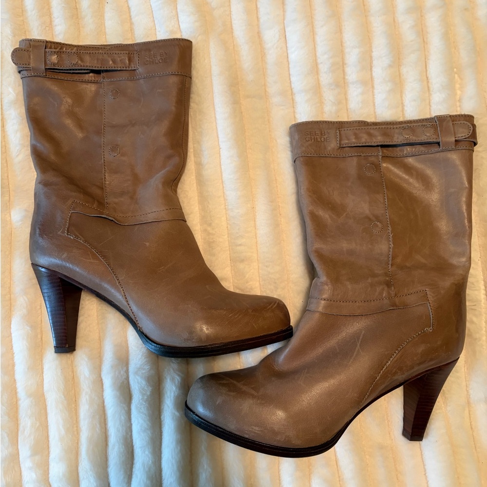 Chloé Taupe Leather Mid-Calf Heeled Boots